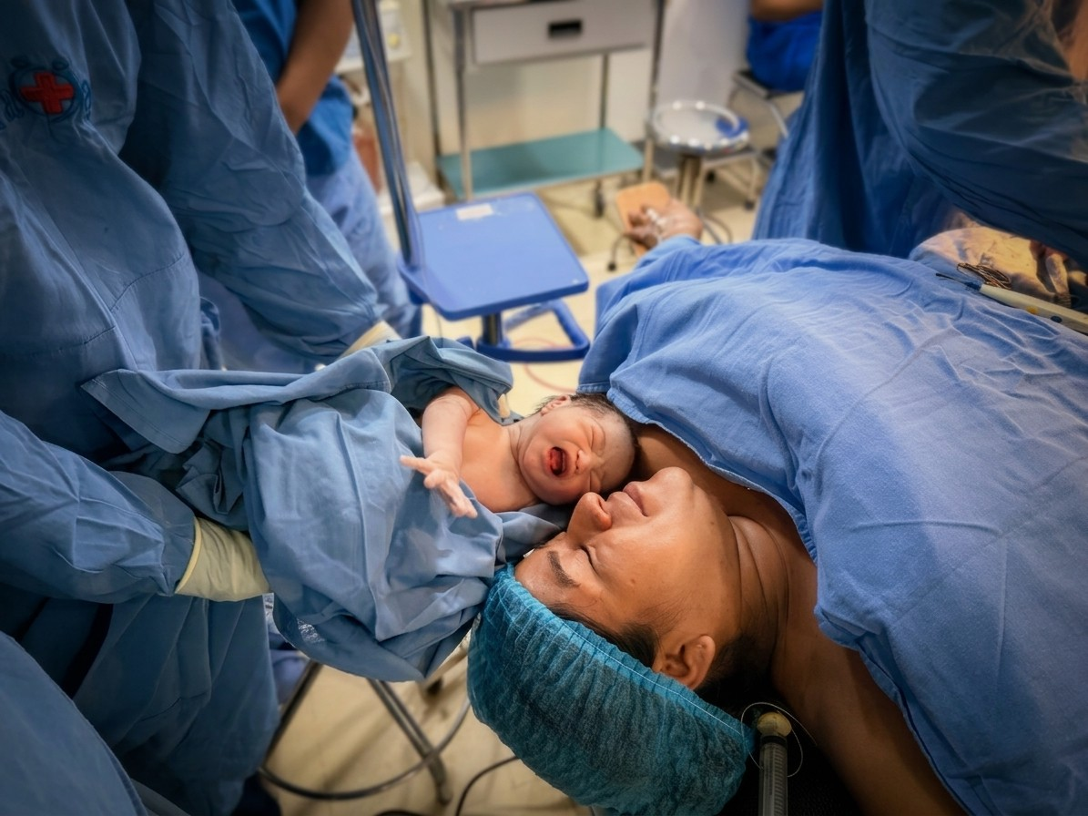 Mamá con su bebé recién nacido sobre el pecho